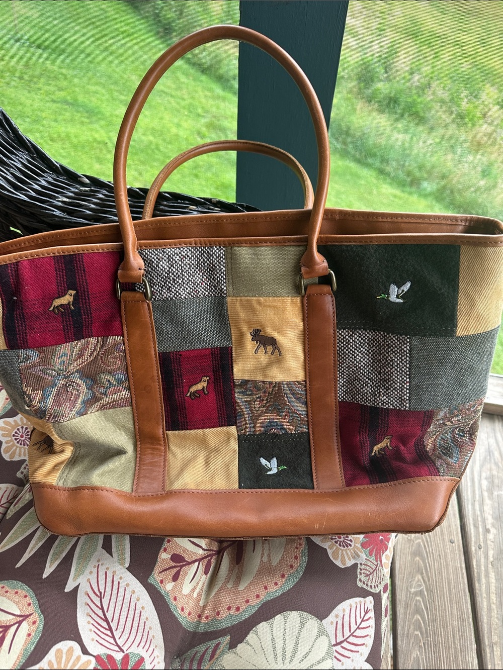 Vintage L L Bean Patchwork Leather-Trim Tote Bag in Multicolor - Picture 3 of 9